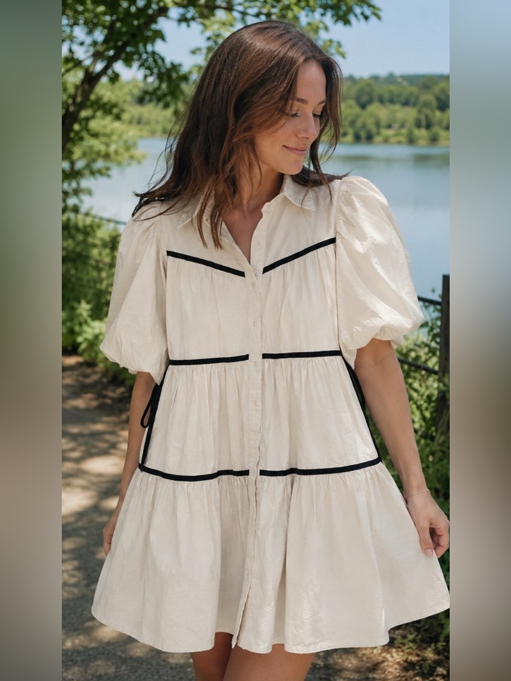 Cream Tiered Mini Dress with Black Trim